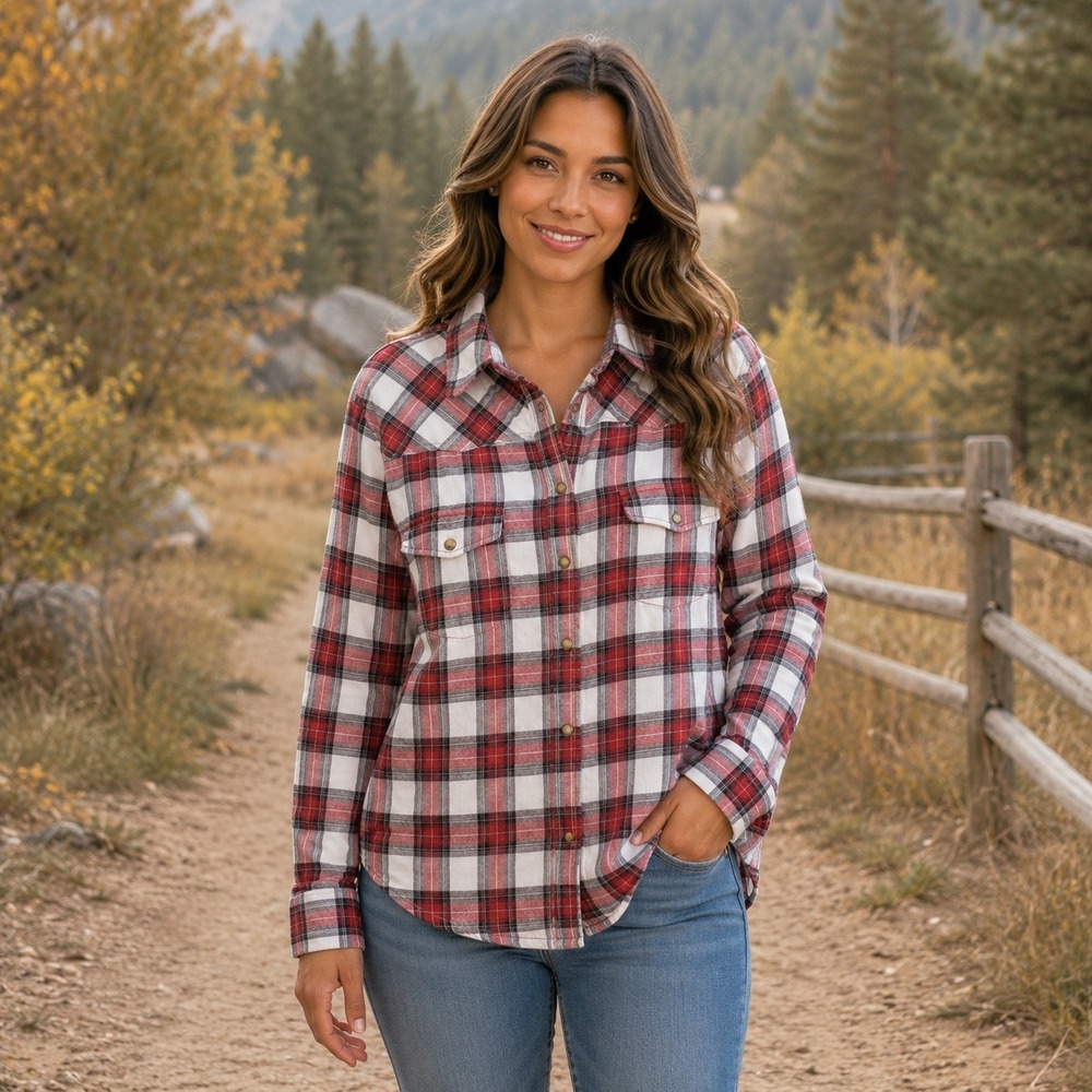 Jachs Girlfriend Plaid Flannel Shirt Women L Red White Button Down Western